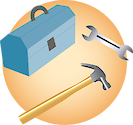 This symbol shows a blue toolbox alongside a hammer and wrench