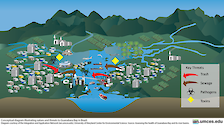This diagram shows the features, values, and threats for Guanabara Bay and its watershed, near Rio de Janeiro, Brazil.
