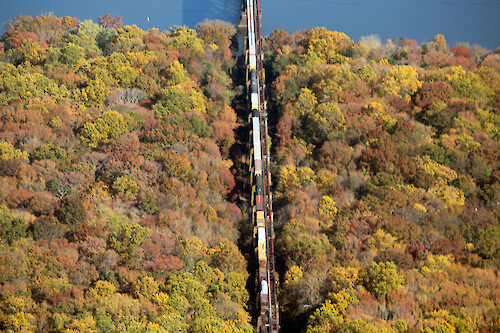 Conowingo Dam is the last Dam on the Susquehanna River before it empties into the Upper Chesapeake Bay. This is a series of photos taken on an overflight of the Dam and surrounding sites during mid-November, 2015. This is an ariel photo of the railroad that crosses the Susquehanna downriver from Conwoingo Dam.