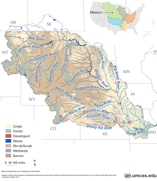 This map depicts land use in the Missouri River sub-basin, one of the five major sub-basins of the Mississippi River.