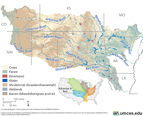 This map depicts land use in the Arkansas River and Red River sub-basin, one of the five major sub-basins of the Mississippi River.