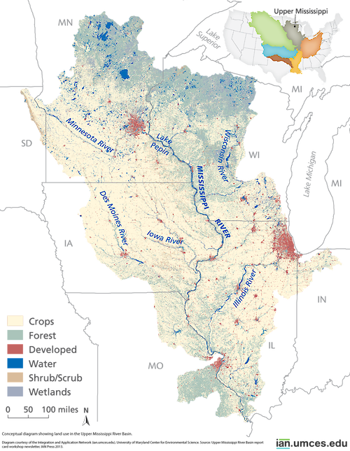 This map depicts land use in the Upper Mississippi River River sub-basin, one of the five major sub-basins of the Mississippi River.