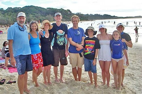 Former Marine Botany scientists and families gathered on Cylinder Beach, Stradbroke Island.