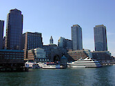 View of ferries at Rowes Wharf, taken from Boston Harbour
