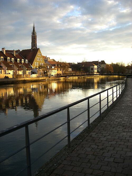 River walkway along the River Isar which runs through the town of Landshut, Bavaria, Germany