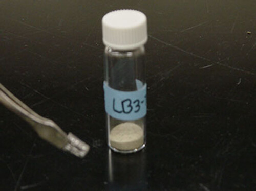 For stable isotope analysis, small subsamples of homogenously ground oyster tissues in the scintillation vial are placed in the tin capsule, held by the forceps. 