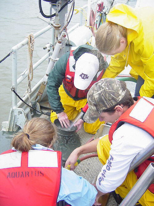 Sediments from the Patuxent River are sifted through onboard the R/V Aquarius to collect and identify benthic organisms