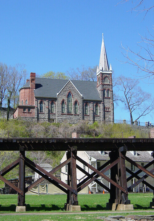 This church and railroad line lie near the confluence of the Shenandoah and Potomac Rivers at Harper's Ferry, West Virginia 