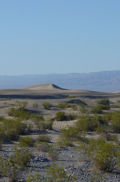 Mesquite Flat Dunes are seen in the mid-ground here. Death Valley has quite a variety of topography and geologic formations.