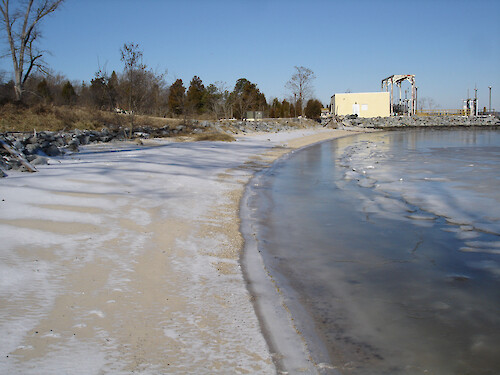 Snow and ice on the beach at Horn Point Laboratory