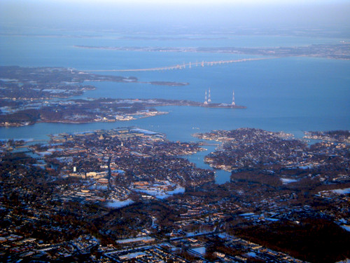 Aerial view of the Chesapeake Bay adjacent to the cities and neighborhoods of Annapolis, MD. (Photo Credit: Jane Hawkey)
