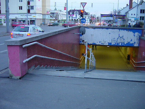 Ramps down stairs provide biker- and skateboarder- friendly entrances to subways in Budapest. 