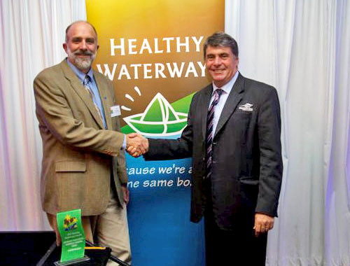 Bill Dennison with Regional council mayor Allan Sutherland at the Healthy Waterway Campaign awards.