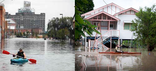 Residents paddling the streets in Baltimore during Hurricane Isabel (Credit: Mike Memoli/The Greyhound (Loyola College-Maryland)) and in Brisbane during the 2011 floods (Credit: Paul Harris).