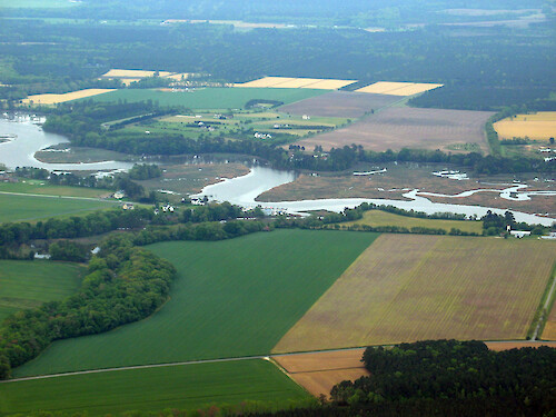 Wicomico Creek winding through agriculture and wetlands in Wicomico Cty.