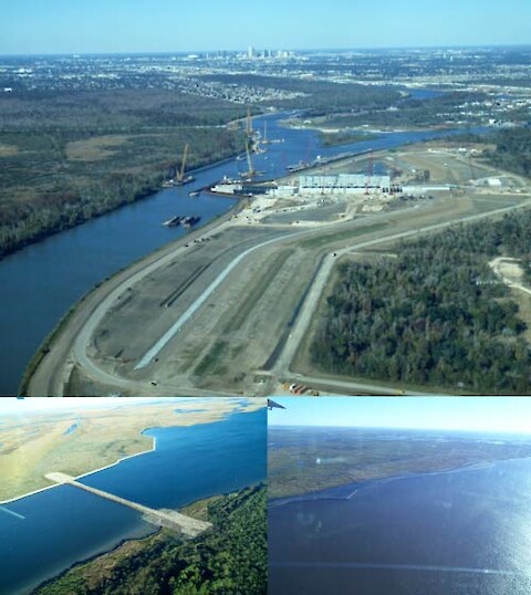 The dikes, pumps, diversions and dams that are a part of the levee system in Coastal Louisiana.
