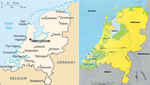 Maps illustrating The Netherlands' historical borders (left), and the area that is underwater (right). The area in green is the land that is now under sea-level.