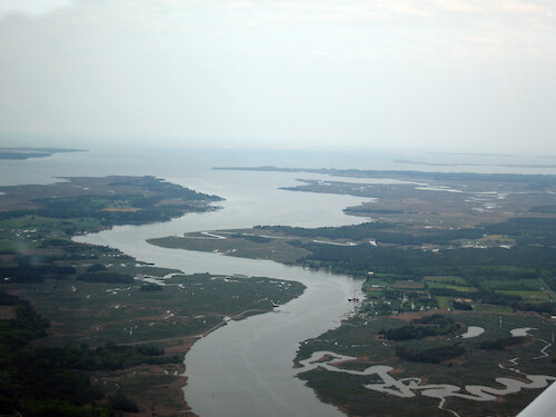 Looking southwest towards the mouth of the Wicomico River, where it meets Ellis Bay to the north and Monie Bay to the south.