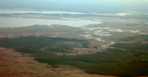 Looking northeast at Monie Bay. Little Creek splits off to the south while Little Monie Creek heads east. Monie Creek enters at the north of Monie Bay. Wicomico River is in the background behind Monie Bay, where their mouths meet.