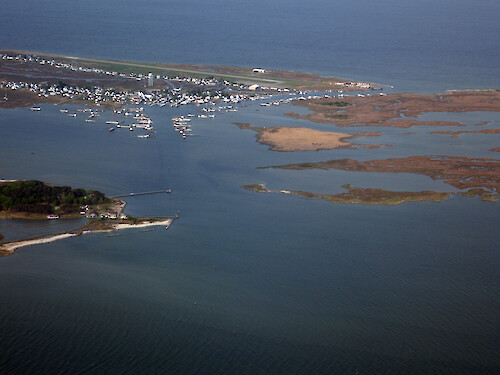 Harbor at Tangier on Tangier Island. Tangier Sound, east of the island, is in the foreground. 