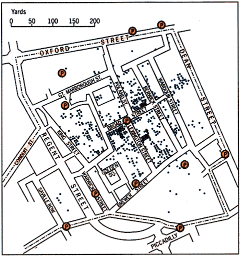 John Snow's map of Cholera outbreaks help to identify the contaminated pump