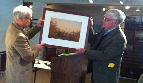 Fred Pomeroy presenting David Harp photo to former Maryland Star Senator C.A. Porter Hopkins (Credit: Drew Koslow).