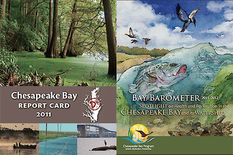 Chesapeake Bay Report Card cover from 2011 and Bay Barometer report cover from 2011-2012