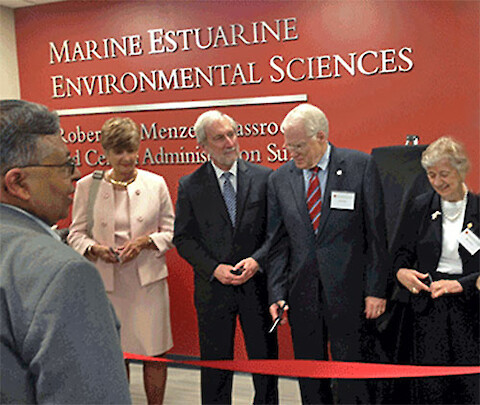 Ribbon cutting at Menzer center dedication ceremony. Left to right: Drs. Jayanth Banavar, Pat Florestano, Don Boesch, Brit Kirwin, Rita Colwell, and Mary Ann Rankin.