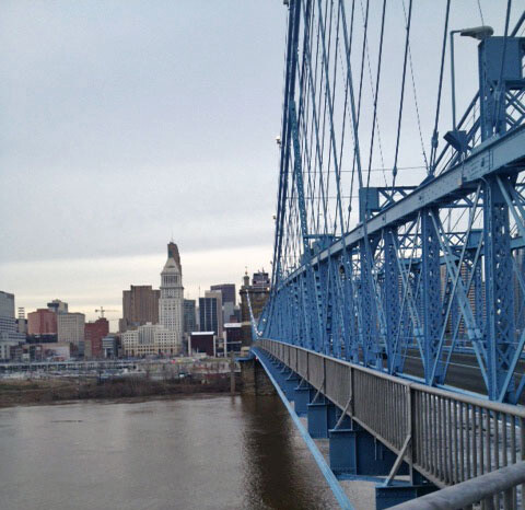 Looking across to Cincinnati from the Roebling Bridge.