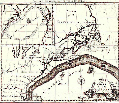 Map of the Gulf Stream by Benjamin Franklin, 1770.