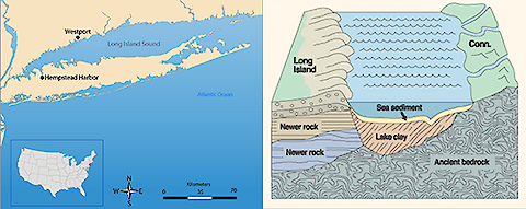 Map of Long Island Sound (left) and layers of sediment and rock beneath the Sound (right).