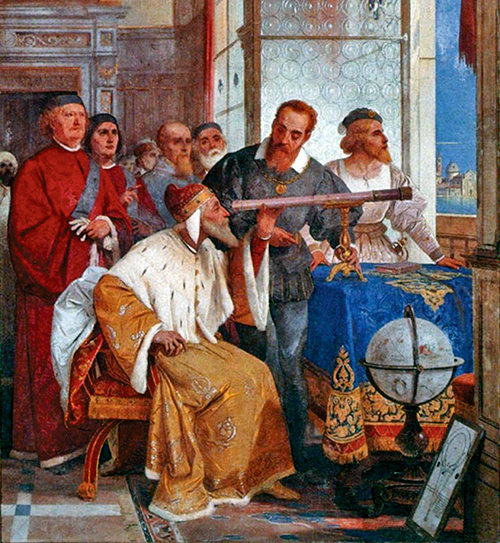 Galileo demonstrating how to use a telescope