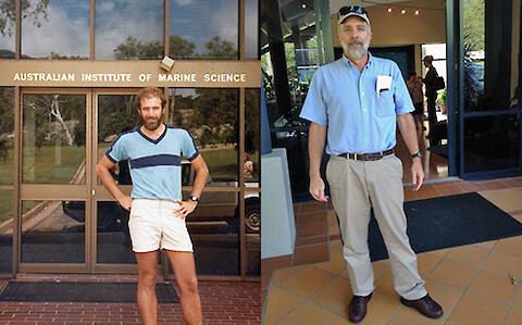 Bill Dennison at the Australian Institute of Marine Science in 1985 (left) and visiting again in 2014 (right).