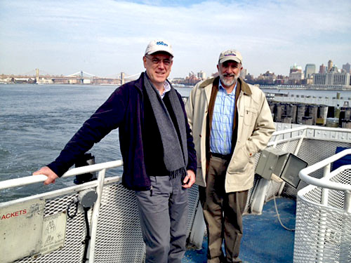 Bill Nuttle and Bill Dennison in front of the Brooklyn Bridge