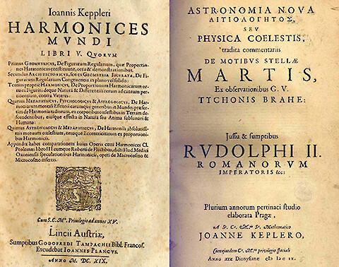 Book title pages from Kepler's books Harmonice Mundi (left) and Astronomia nova (right).