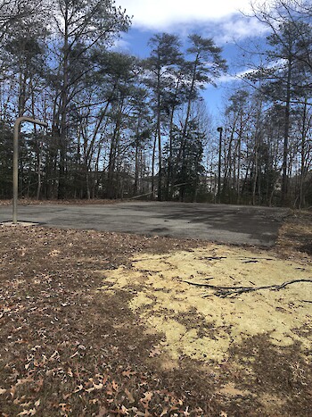 a paved area with empty basketball poles