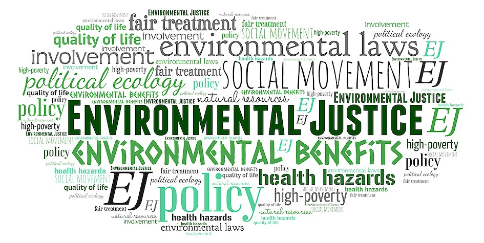 A word cloud containing terms that constitute environmental justice.