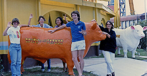 Eva Koch (far right) and fellow graduate students in route to a conference: (left to right) Penny Hall, Amy Slifko, Cor from the Philippines, Dave Tomasko, Eva.