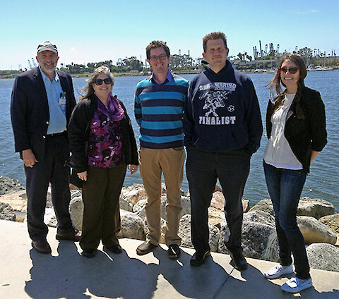 Mouth of the Los Angeles River (left to right): Bill Dennison, Nancy Steele, Simon Costanzo, Brian Sheridan, and Julie Castro.