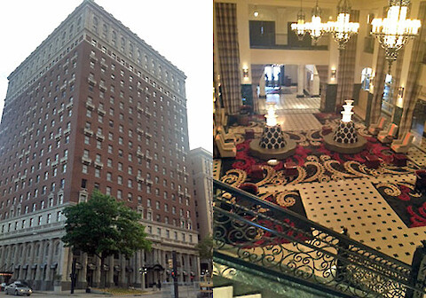 Mayo Hotel building (left) and lobby (right), Tulsa, OK.