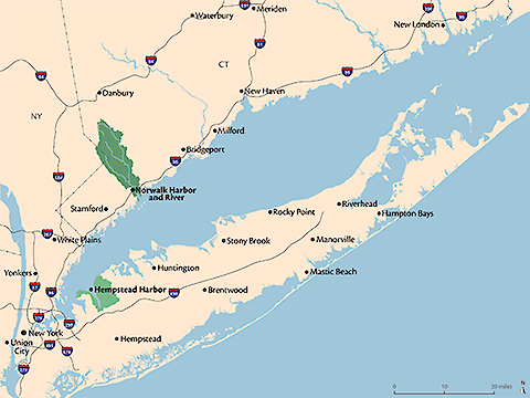 Map of Long Island Sound with Hempstead Harbor and Norwalk Harbor and River areas.