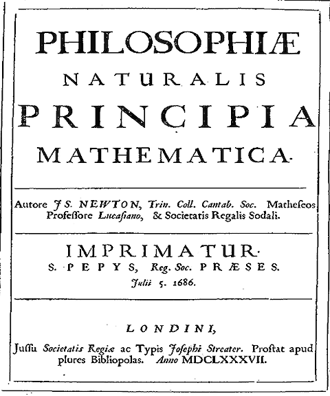 Title page of Isaac Newton's PhilosophiÃ¦ Naturalis Principia Mathematica, first edition (1686/1687). source Wikipedia