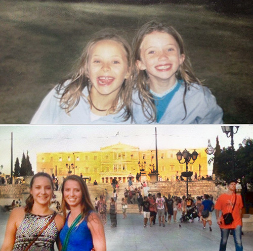 Munro Centre friends Sarah Cummings (left) and Lizzie Dennison (right) in Australia (top) and in Greece (bottom).