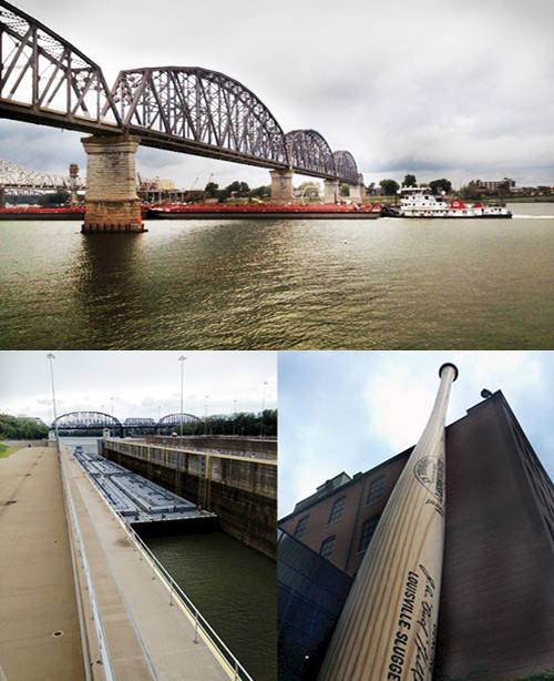 (top) Big Four Railroad Bridge in Louisville, KY; (bottom left) Tug and barge entering lock at Falls of the Ohio; (bottom right) Louisville Slugger museum and factory.