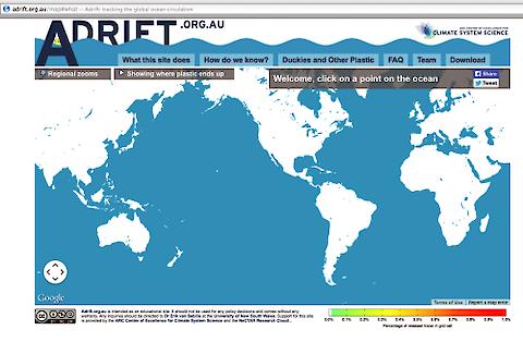 The site, adrift.org.au, tracks how different floating pollution, such as plastics, drift through the ocean.