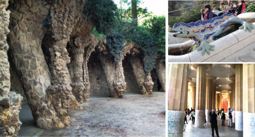 Park Güell with its iconic walkway (<em>left</em>) was designed by Gaudí. It has some interesting sculptures (<em>upper right</em>) and a covered space that serves as a marketplace (<em>lower right</em>).