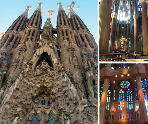 The Sagrada FamÃ­lia. Multiple towers form the facade of the of the church (left) andÂ the inside (upper right) has beautiful stained glass windows (lower right).