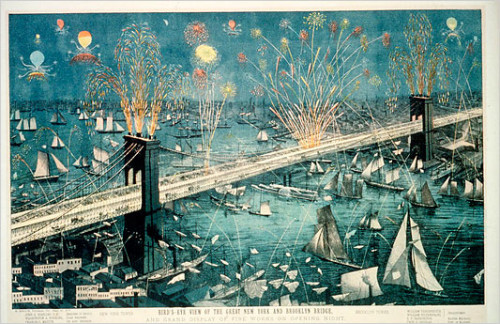 A bird’s-eye view of fireworks at the opening of the Brooklyn Bridge in 1883. (The Metropolitan Museum of Art)