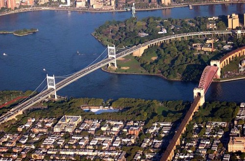 Aerial view of the Hell Gate Bridge and the Triborough Bridge