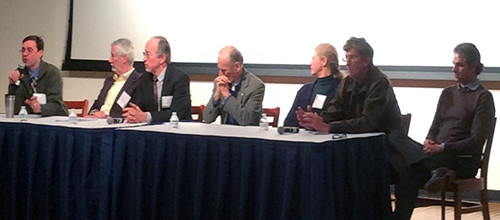 Panel discussion at "Growth and future of the Chesapeake Bay" conference. Left to right: Tom Butler, Bill Ryerson, Bob Engleman, George Plumb, Nancy Wallace, Tom Horton, Ramon Pallencia-Calvo